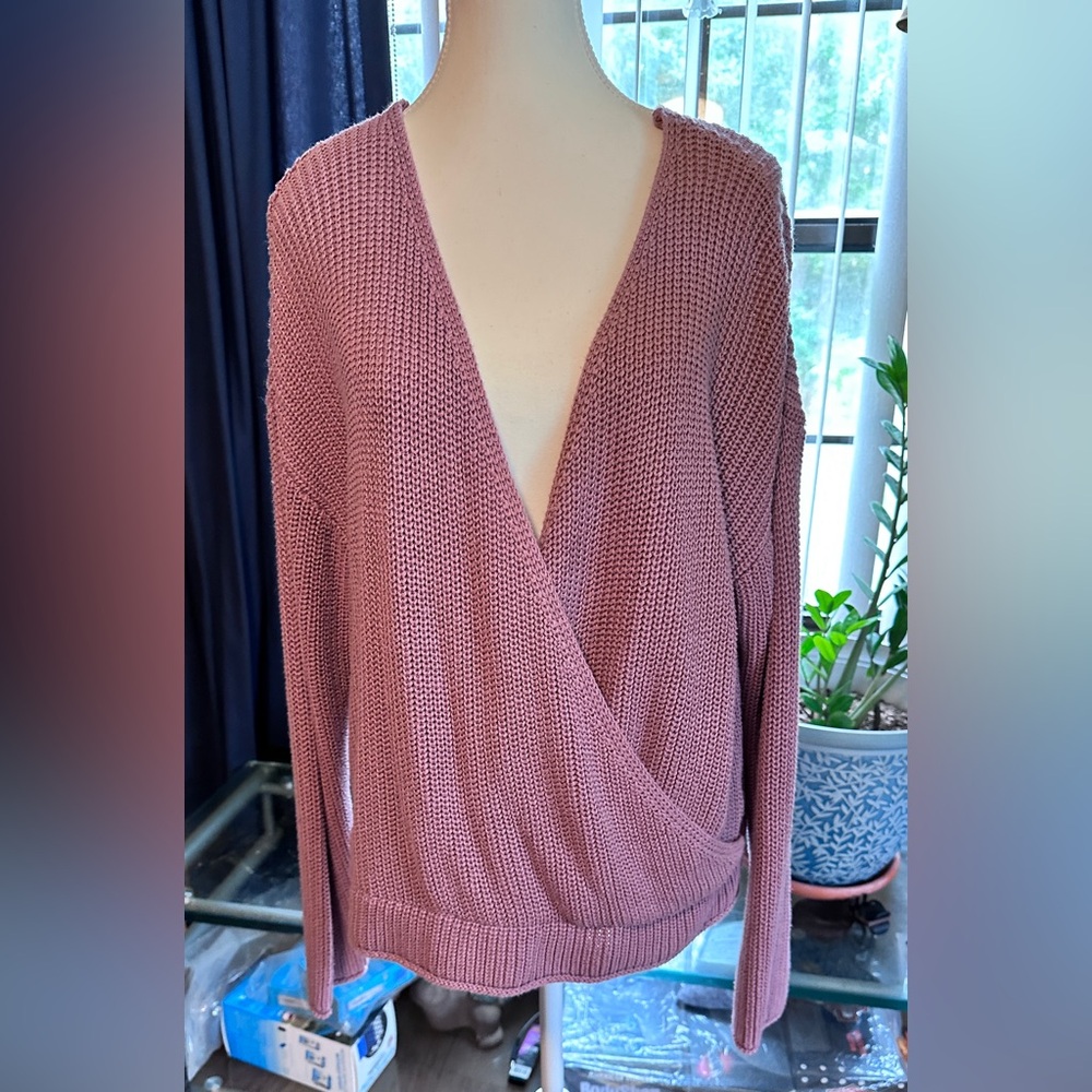 Pink Knit V-Neck Wrap Sweater